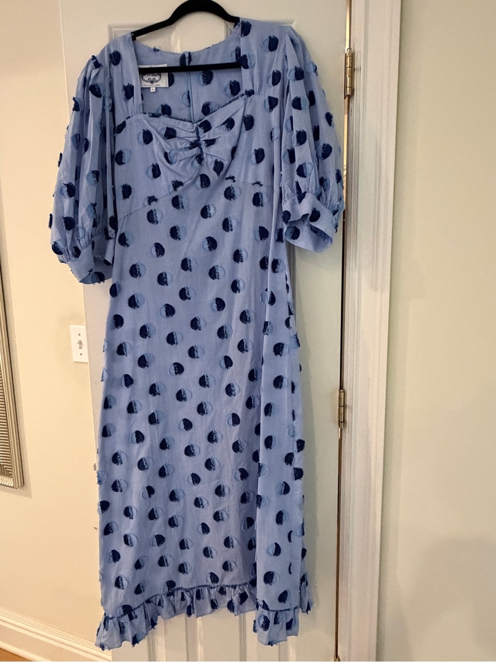 Light Blue Dot Print Midi Dress with Puff Sleeves